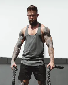 Professional close-up of men's breathable grey fitness tank top for gym training