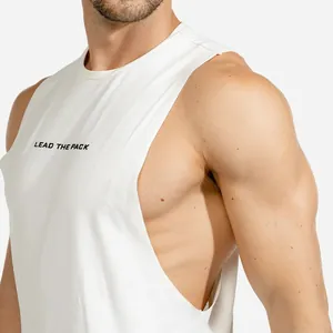 Detail view of white mens gym muscle tank top with deep armhole and slogan print