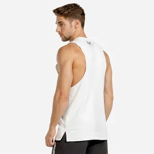 Back view of a slim fit men's white fitness tank top with breathable mesh detail