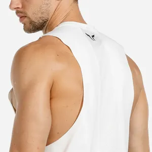 Macro view of white breathable muscle tank top featuring mesh back panel detail