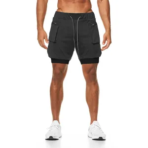 Pantalones cortos deportivos de doble capa de alto rendimiento para hombre negro