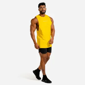 Detailed side view of yellow breathable muscle gym tank top with Lead The Pack print