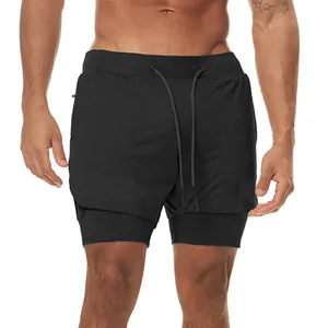 Pantalones cortos deportivos negros de doble capa con cordón para fitness y running