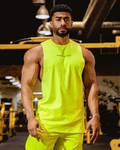 Men's neon yellow muscle tank top for gym training with 'Lead the Pack' text