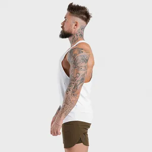 Side view of men's white muscle gym tank top, made of breathable elastic fabric