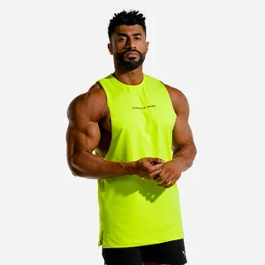 Detailed view of men's neon yellow muscle tank top with Lead The Pack print for gym training.