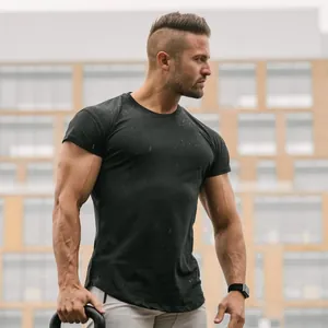 Close-up of men's black slim-fit muscle T-shirt designed for gym workouts and bodybuilding
