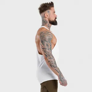 Detailed side view of white muscular fit gym stringer tank top for bodybuilders