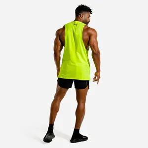 Back view of a muscular man wearing a neon yellow slim-fit breathable gym tank top