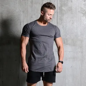 Detailed view of men's muscle fit short sleeve t-shirt in charcoal grey for gym training