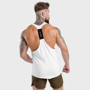 Back view of white men's Y-back fitness tank top with GO HARD print in high detail.
