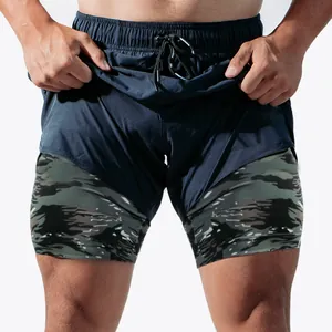 Close-up of men's 2-in-1 quick-dry running shorts with camo compression liner