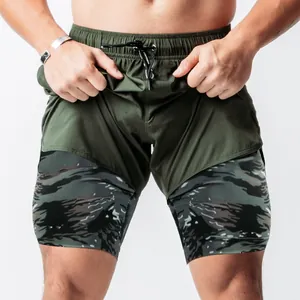 Men's 2-in-1 running shorts featuring olive outer and camo compression inner layer.