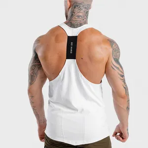 Back view detail of white Y-back fitness tank top with black GO HARD printed elastic strap.