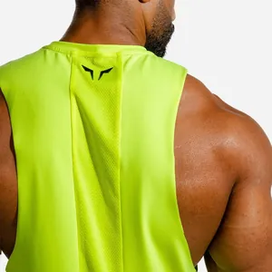 Close-up of neon yellow muscle vest back with breathable mesh and logo detail.