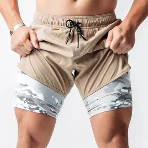 Detail view of men's double-layer running shorts featuring camouflage lining.