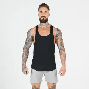 Athletic men's black gym tank top with breathable elastic fabric detail and fit
