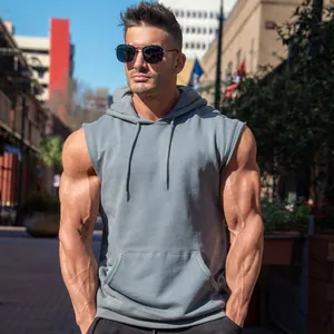 Men's Hooded Gym Vest Sleeveless Raw Edge Muscle Tank Top Cotton Breathable Workout Sport Vest For Running Training Top
