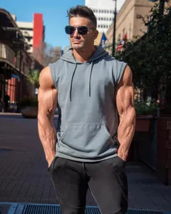 Professional grey sleeveless hooded gym vest for men's muscle fitness and training