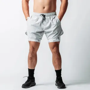 Close-up of men's 2-in-1 quick-dry running shorts with camo liner and zipper pockets