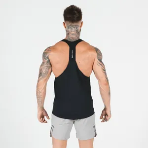 Back view of mens black fitness tank top with GO HARD slogan on strap