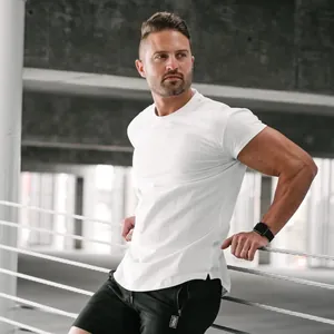 Athletic white muscle fit men's T-shirt with curved hem for bodybuilding and training