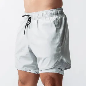 Detail view of men's quick-dry double-layer running shorts with camo liner and zipper.