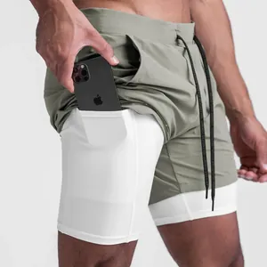 Close-up of mens double-layer running shorts featuring built-in liner with phone pocket