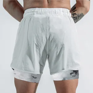 Back view of professional men's 2-in-1 running shorts with white outer and camo liner