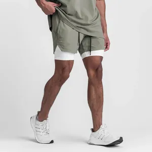 Detail of men's double-layer athletic shorts with breathable white inner compression layer.