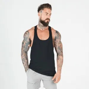 Professional close-up view of men's black sleeveless gym stringer tank top for bodybuilding