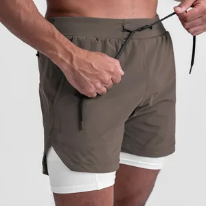 Close-up detail of breathable men's double-layer athletic shorts with white liner