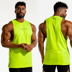 Professional front and back view of a neon yellow men's fitness muscle tank top