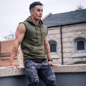 Detail of men's olive green sleeveless workout hoodie with raw edge design