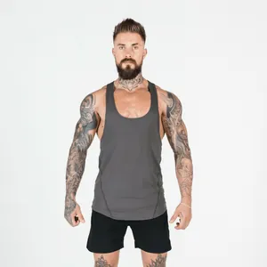 Front view of a dark grey men's muscle fitness tank top with breathable stretch fabric