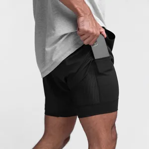 Detail view of hidden phone pocket on men's double-layer breathable running shorts