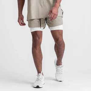 Detail showing the 2-in-1 layered design of men's breathable khaki running shorts