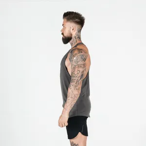 Side view of a dark gray fitness tank top showing breathable stretch fabric and curved hem