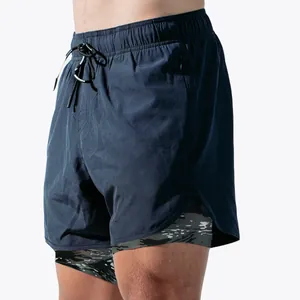 Close-up detail of men's quick-dry double-layer running shorts featuring camouflage lining