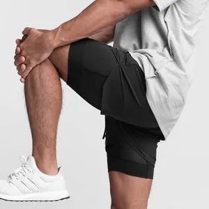 Close-up of black men's 2-in-1 running shorts showing breathable mesh inner layer