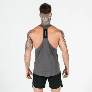 Back view of a grey muscle tank top with 'GO HARD' slogan for athletic fitness training