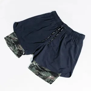 Detail view of men's double-layer athletic shorts featuring camouflage lining and pockets