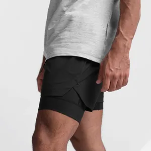 Close-up of black double-layer quick-dry athletic running shorts for men's fitness