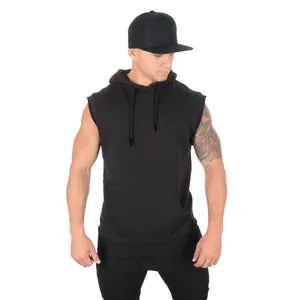 Front view of men's sleeveless fitness hoodie in black with raw edge armholes