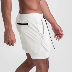 Close-up detail of white 2-in-1 athletic running shorts for men with functional zip pocket