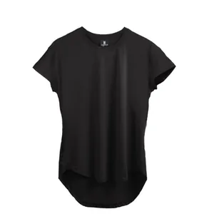 Front view detail of a solid black bodybuilding t-shirt with curved hem