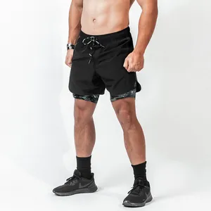 Detail view of men's 2-in-1 quick-dry gym shorts with camouflage inner liner.