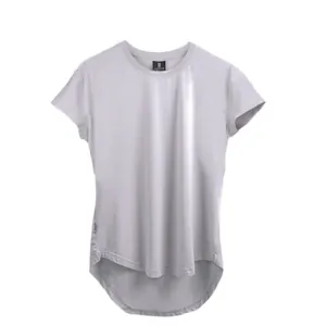 Detail of men's slim fit athletic t-shirt with curved high-low hem in light grey