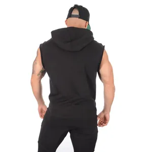 Back view of a black sleeveless fitness hoodie with raw edges for men's workout.