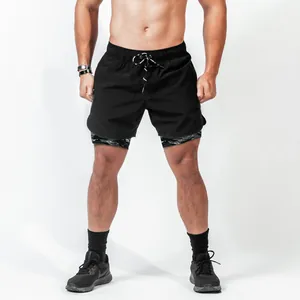 Detail view of men's double-layer gym shorts with quick-dry fabric and camo compression liner